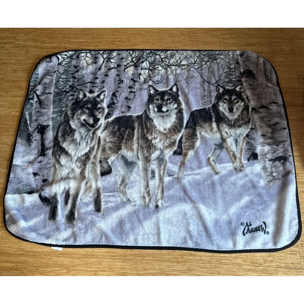 Vintage  AL AGNEW Renegades Wolf Pack Winter Forest Birch Throw Blanket Fleece